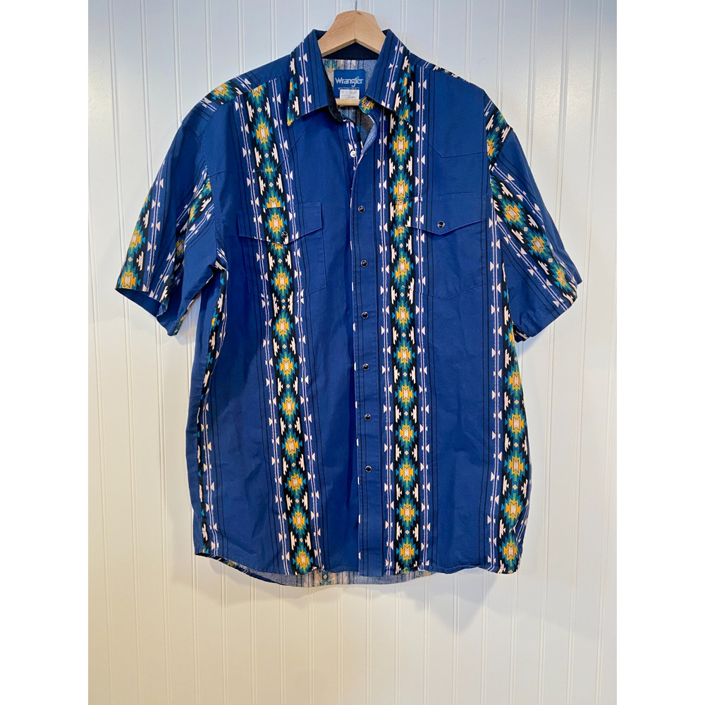 Wrangler Vintage Pearl Snap Down Shirt LT Mens Southwestern Aztec Print Blue